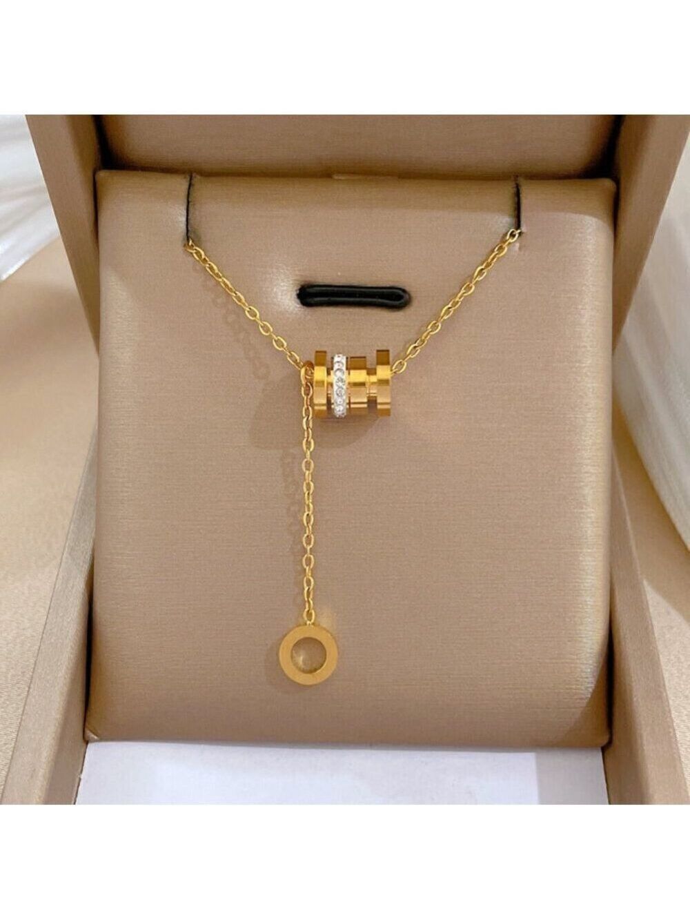 18K Gold Plated Stainless Steel Y Style Necklace With Spinning Barrel, Zircon